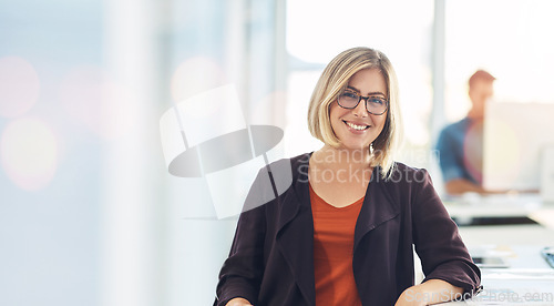 Image of Portrait, business woman and happy in office on bokeh, startup company or workplace. Face smile, designer and professional employee, creative worker and entrepreneur person in glasses on mockup space