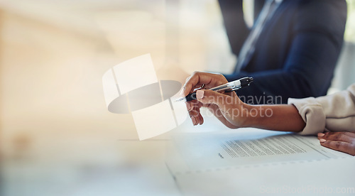 Image of Business woman, hands and pen for planning employee schedule, administration and company agenda in office. Corporate, writing and entrepreneur with project planner, checklist and job report for work