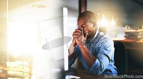 Image of Burnout, headache or tired black man in office with fatigue, problem or stress working overtime at night. Depression, computer or exhausted software developer frustrated by eye strain or migraine