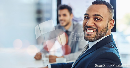 Image of Portrait, lawyer and business man in office, company or corporate workplace bokeh. Face, attorney or happy African professional employee, worker or legal advocate smile in suit for career in law firm