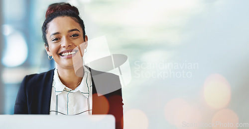Image of Portrait, smile and business woman on banner in office, company or corporate workplace on bokeh. Face, entrepreneur and happy professional, employee or consultant on laptop mockup space in Brazil