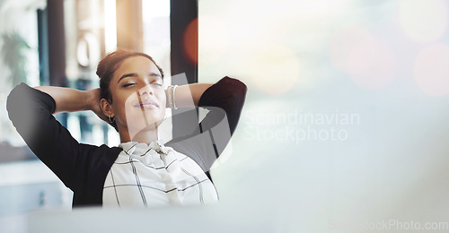 Image of Business woman, relax in office and peace with corporate attorney, wellness and banner with mockup space. Rest, sleep and lawyer on break, bokeh and meditation with mindfulness in the workplace
