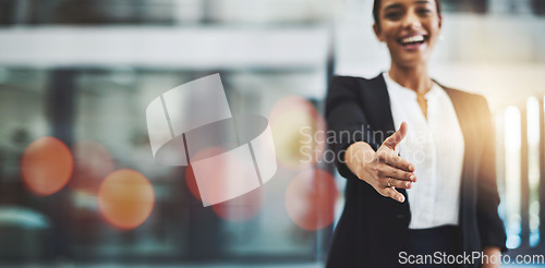 Image of Business woman, handshake offer and job interview in Human Resources meeting, welcome or thank you POV. Professional or HR worker shaking hands in recruitment, hiring or introduction on banner mockup