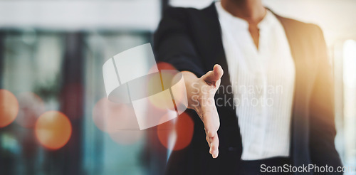 Image of Handshake, offer and business person or lawyer for introduction, welcome and legal deal, success or meeting. Advisor or attorney shaking hands for partnership, thank you or agreement on banner mockup