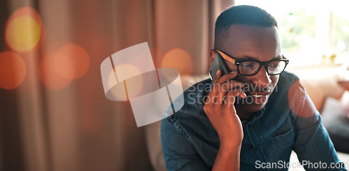 Image of Banner, phone call and black man in office with networking, mockup and business communication for b2b trading. Advice, consulting and businessman with cellphone, conversation and space in workplace.