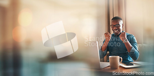 Image of Mockup, laptop or black man trading in office for success, goals or sales target in online achievement. Happy investor, bokeh or excited trader in celebration of winning on stock market bonus victory