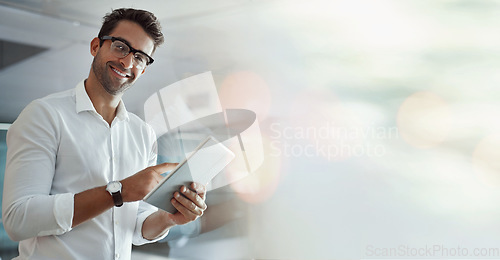 Image of Portrait, business and man with a tablet, banner and connection with network, typing and contact. Face, person and employee with overlay, bokeh and technology for research, internet and website info