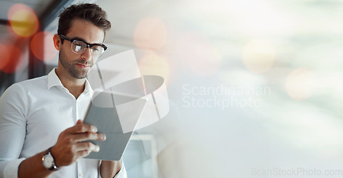 Image of Banner, tablet and businessman in office with mockup, bokeh and online business communication for trading. Networking, schedule and man with digital app for website scroll and space in workplace.