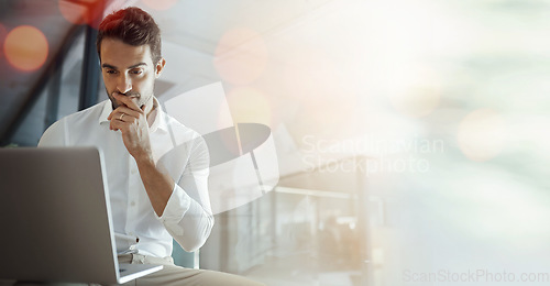 Image of Banner, laptop and businessman in office thinking with mockup, bokeh and ideas on business for trading. Networking, online research and man reading website for email, internet and space in workplace.