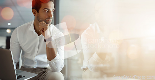 Image of Banner, laptop and thinking, business man in office with mockup, bokeh and ideas for trading with internet. Networking, online research and businessman in reflection, insight and space in workplace.