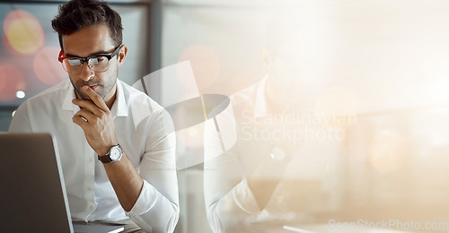 Image of Banner, computer and businessman in office in reflection with mockup, bokeh and ideas on business trading. Networking, online research and man reading email, thinking and insight space in workplace.