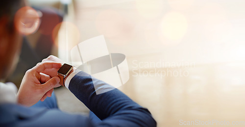 Image of Check watch, person and time management with banner, business and mockup space with productivity. Corporate employee, job and workflow with clock, responsibility and bokeh, hands and schedule