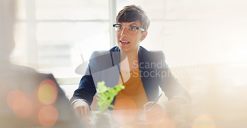 Image of Mockup, recruitment or businesswoman in an office, job interview or meeting at human resources. Vacancy space, hiring opportunity or hr manager writing or listening to candidate in a startup agency