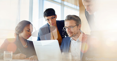 Image of Laptop, problem solving or business team in meeting with CEO planning a social media online strategy. Teamwork, collaboration or boss coaching employees or working on ideas for growth on mockup space