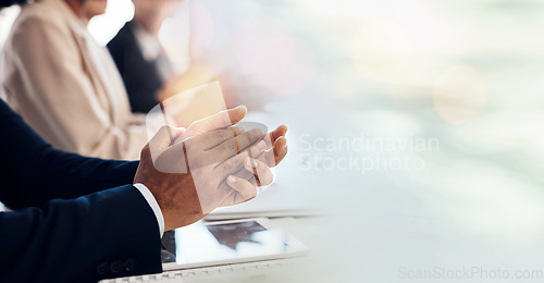 Image of Hands, applause or mockup in business meeting with audience for support or motivation in presentation. Wow, happy people or excited team clapping for success or achievement in seminar event in office