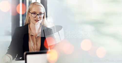 Image of Banner, laptop and businesswoman in office reading email with mockup, bokeh and ideas on business for trading. Networking, online research and woman on website for internet and space in workplace.