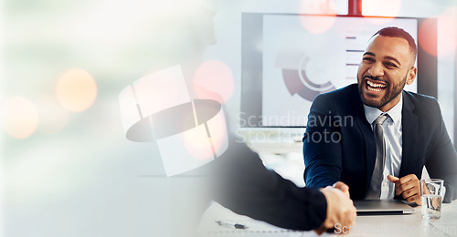 Image of Business man, handshake and meeting, introduction or welcome for accounting, data analytics and clients deal. Financial advisor and people shaking hands in partnership, thank you or agreement mockup