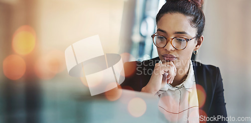 Image of Business woman, thinking and planning on computer for Human Resources solution, recruitment website or vision. Professional HR worker or employee ideas and problem solving on laptop and banner mockup