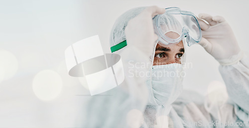 Image of Man, face mask and PPE with goggles and safety, Covid compliance with mockup space and bokeh. Health, protection gear and virus with healthcare banner, disinfection and medical person with danger