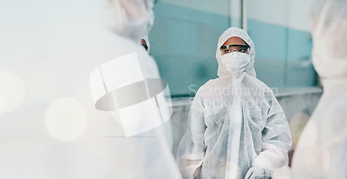 Image of PPE, quarantine and safety suit of lab worker and healthcare professional in a hospital or clinic. Cleaning, bacteria protection and face mask with virus, pharmacy and wellness research with bokeh