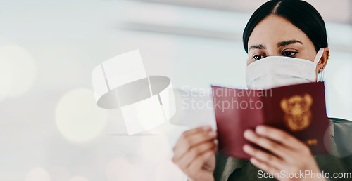 Image of Travel banner, woman and face mask with passport and plane ticket, compliance with Covid rules and airport. Mockup space, bokeh and journey with identity document, booking and flight with health