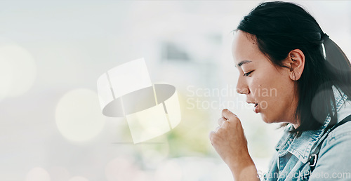 Image of Sick, face and woman coughing in living room with tuberculosis, covid or bacteria risk with mockup. Flu, asthma and Asian female with lung, infection or infuenza, disease and viral infection or virus