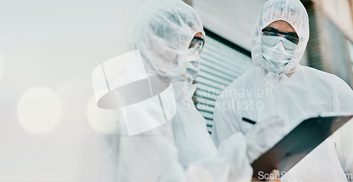 Image of People, face mask and PPE with clipboard and doctor, Covid compliance with mockup space and bokeh. Health, protection gear and virus with banner, insurance and checklist with safety at hospital