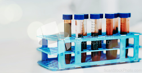 Image of Blood, DNA and science, test tube and health, medical research with mockup space and closeup. Bokeh, healthcare and sample for experiment, medicine and pharmaceutical with background in a laboratory