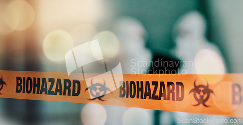 Image of Warning, tape and danger, biohazard and health, infection and barrier with bokeh, blurred background and science. Caution, biology and threat with medical crisis, safety with protection and toxic