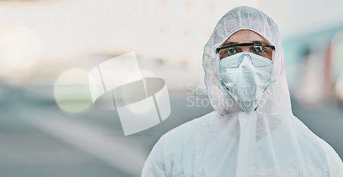 Image of Man, face mask and PPE in portrait with safety, Covid compliance with mockup space and bokeh. Health, protection gear and virus with healthcare banner, disinfection and medical worker with danger