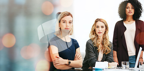 Image of Mockup, office and portrait of business women at desk for teamwork, partnership and collaboration. Crossed arms, professional and female workers on overlay for empowerment, confidence and startup