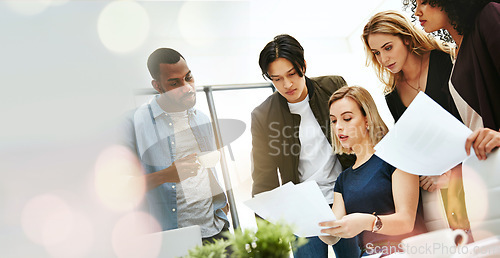 Image of Documents, analysis or business team in meeting planning strategy with data analytics in workplace. Teamwork, collaboration or startup manager coaching, training employees or working on paperwork