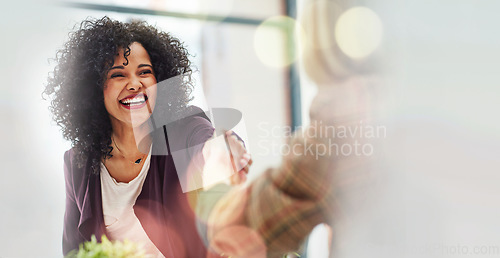 Image of Business woman, handshake and thank you with happy deal and bokeh with communication. Office agreement and employee contract with professional discussion and worker with startup and mockup space