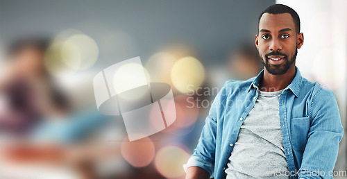Image of Portrait, business and black man on banner in office, startup company or workplace on bokeh. Face, designer and happy African professional employee, creative worker and entrepreneur person in career