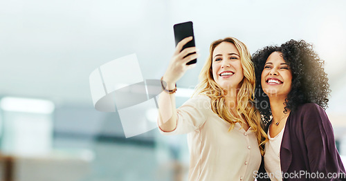 Image of Business, couple of friends and women in selfie, banner and happy with social media post, corporate team and diversity. Mockup space, smile in picture and memory with employees, photography and trust