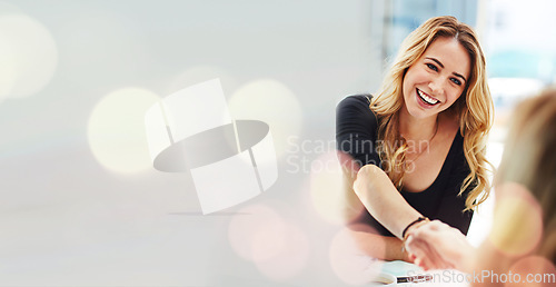 Image of Business woman, handshake and job interview for Human Resources meeting, welcome or partnership in office banner. Professional clients, shaking hands and recruitment, HR hiring or introduction mockup