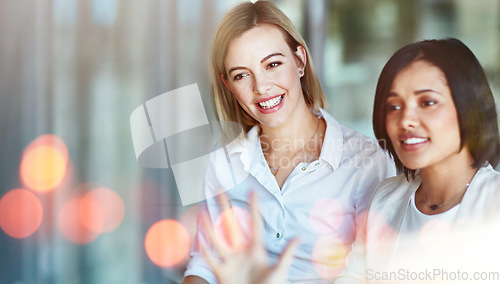 Image of Business women, office and conversation with teamwork and bokeh with communication. Collaboration, planning and employee with professional discussion and worker with startup company talk together