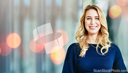 Image of Portrait, business woman and smile in office on bokeh, startup company or workplace. Face, designer and happy professional employee, creative worker and entrepreneur person on mockup space in Canada