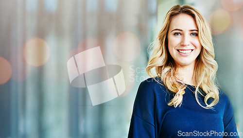 Image of Portrait, business woman and happy on banner in office, startup company and workplace bokeh. Face smile, designer and professional employee, creative and entrepreneur on mockup space in Australia