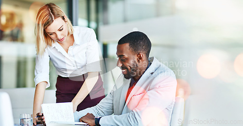 Image of Manager, teamwork or black man in training or learning info on feedback in office with paperwork. Bokeh, documents or woman teaching business, coaching or helping with research advice or support