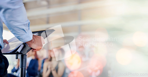 Image of Person, speaker and podium in meeting, seminar or conference for training staff against a bokeh background. Professional business leader talking to people or audience in presentation on mockup space