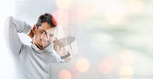 Image of Stress, phone call and business man with neck pain in office with burnout, worry or workload pressure with mockup. Anxiety, muscle tension and guy project manager with smartphone conversation or fail