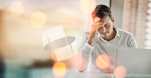 Image of Business man, pain and headache with laptop and glitch, software error and stress, deadline and mockup space. System fail, mistake and frustrated, website 404 on pc with bokeh, banner and migraine