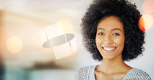 Image of Portrait, designer and happy business woman in office, company or startup workplace bokeh. Face, smile and professional employee, entrepreneur worker and creative career of person in South Africa