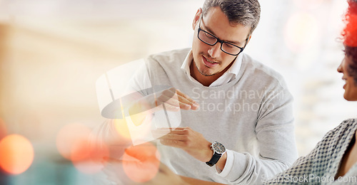 Image of Mockup, teamwork or man talking to woman in meeting to explain a strategy or speaking of ideas. Bokeh space, leader or startup manager consulting for teaching, coaching or helping in business advice