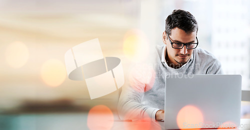 Image of Banner, laptop and businessman in office with mockup, bokeh and online business communication for trading. Networking, schedule and man with digital app for website, email and space in workplace.