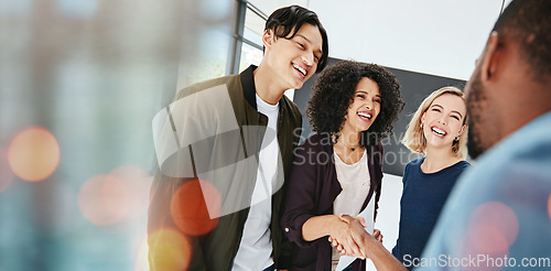 Image of Business people, handshake and thank you with teamwork and bokeh with communication. Deal, agreement and employee contract with professional discussion and worker with startup management greeting
