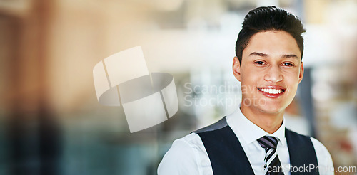 Image of Face, lawyer and business man in office, company or corporate workplace mockup space. Portrait, attorney and happy professional employee, worker and advocate smile for career in law firm in Brazil