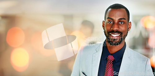Image of Portrait of lawyer, business and black man in office, company or workplace bokeh. Face, attorney and happy African professional employee, worker or legal advocate smile in suit for career in law firm