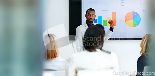 Image of Business man, presentation portrait and screen for data analysis, pie chart proposal and infographics of revenue. Professional african person for financial report, charts and graphs or stats meeting